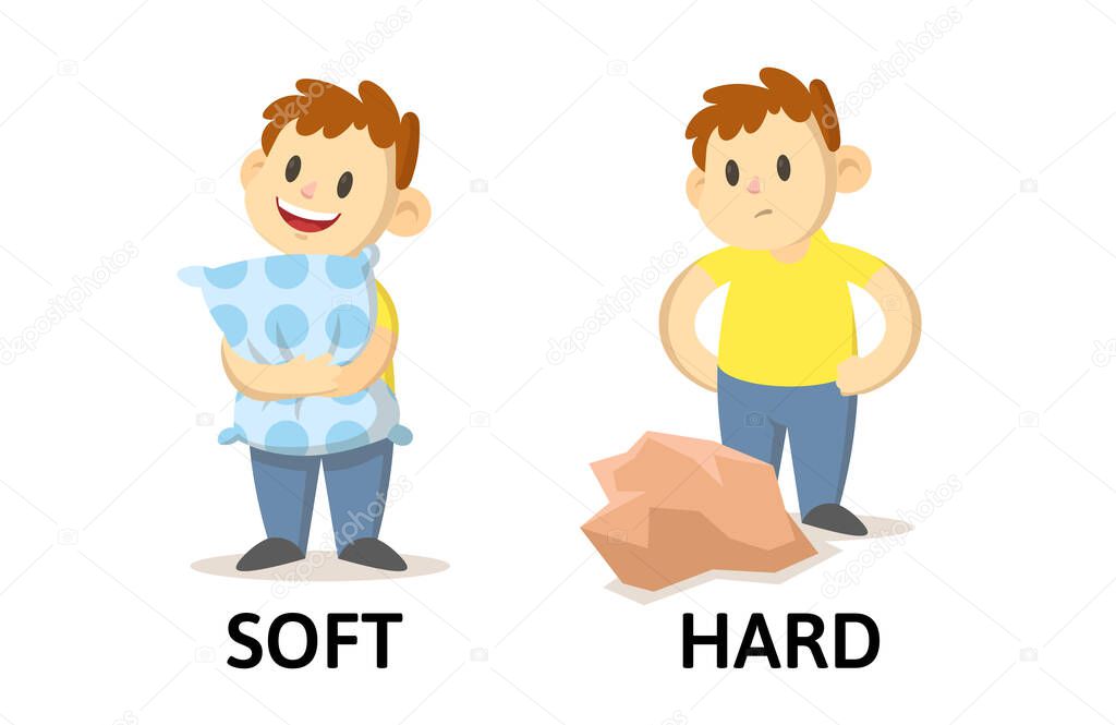 Words soft and hard flashcard with cartoon characters. Opposite adjectives explanation card. Flat vector illustration, isolated on white background.