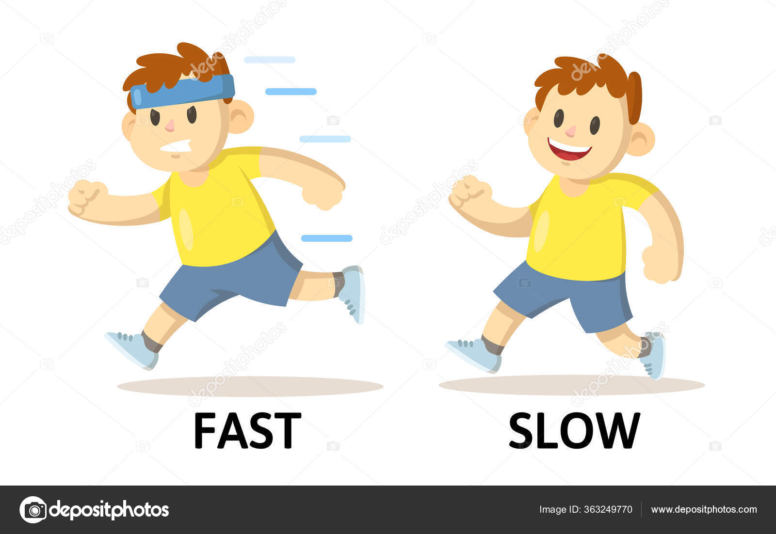 Words fast and slow flashcard with running cartoon boy characters. Opposite adjectives explanation card. Flat vector illustration, isolated on white background. Stock Vector Image by © #363249770 Words fast and slow flashcard with running cartoon boy characters. Opposite adjectives explanation card. Flat vector illustration, isolated on white background. Stock Vector Image by © #363249770