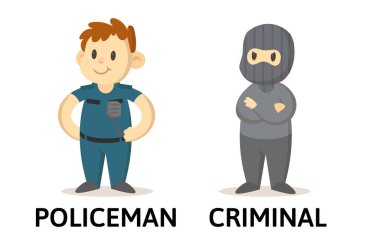 Polis ve karikatür karakterli suç karnesi. Karşıt isimler açıklama kartı. Düz vektör çizimi, beyaz arkaplanda izole.