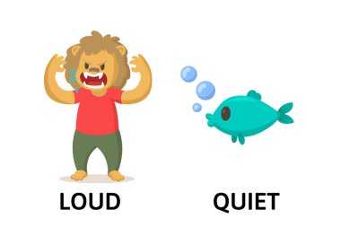 İçinde hayvan karakterleri olan sessiz ve yüksek sesli kelimeler. Karşıt sıfatlar açıklama kartı. Düz vektör çizimi, beyaz arkaplanda izole.