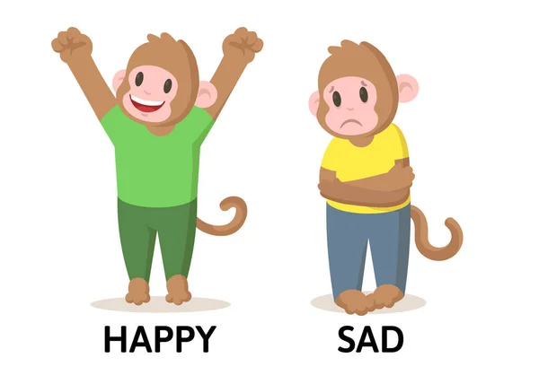 Слова сумні і щасливі картки з героями мультфільмів тварин. Протилежна картка пояснення прикметників. Плоска векторна ілюстрація, ізольована на білому тлі . — стоковий вектор