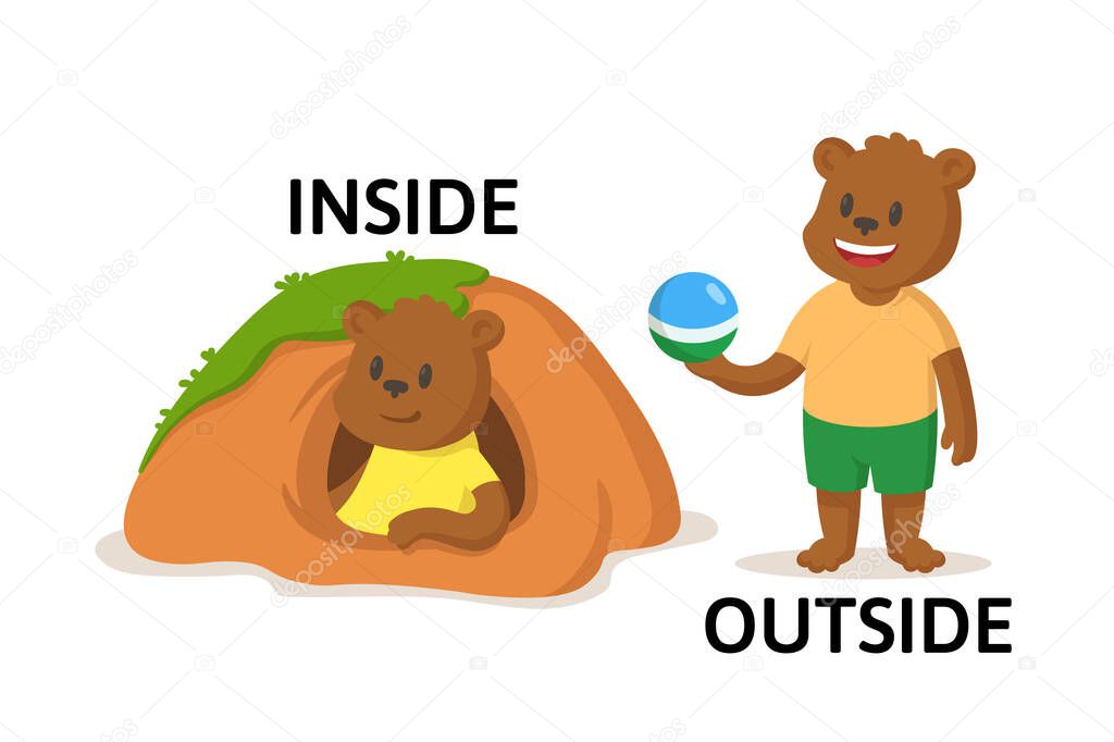 Words inside and outside flashcard with cartoon animal characters. Opposite adverb explanation card. Flat vector illustration, isolated on white background.