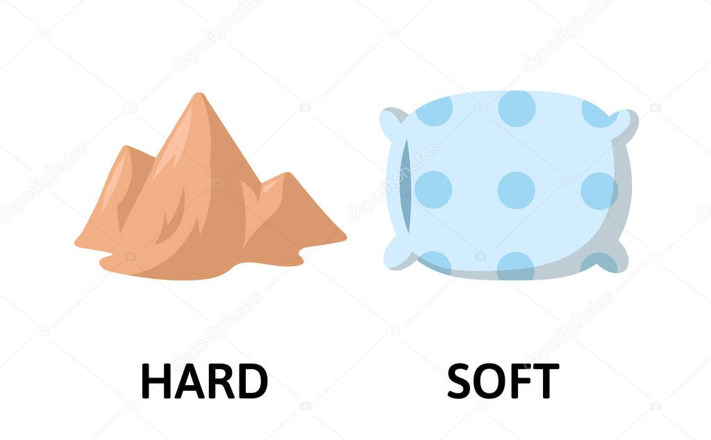 Words soft and hard flashcard. Opposite adjectives explanation card. Flat vector illustration, isolated on white background.