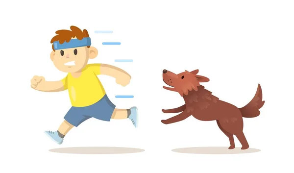 Fit boy op de vlucht voor bruine hond. Cartoon platte vector illustratie, geïsoleerd op witte achtergrond. — Stockvector