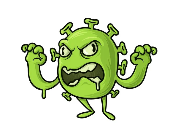 Colère personnage monstre de virus de bande dessinée debout avec ses mains levées. Germe, infection, ou concept de bactérie drôle. Illustration vectorielle plate, isolée sur fond blanc . — Image vectorielle