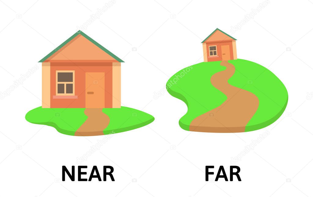 Words far and near textcard with cartoon house. Opposite adverbs explanation card. Flat vector illustration, isolated on white background.