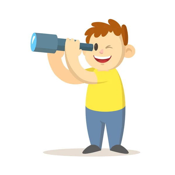 Boy looking through a spyglass, cartoon character design. Flat vector illustration, isolated on white background. — Stock Vector