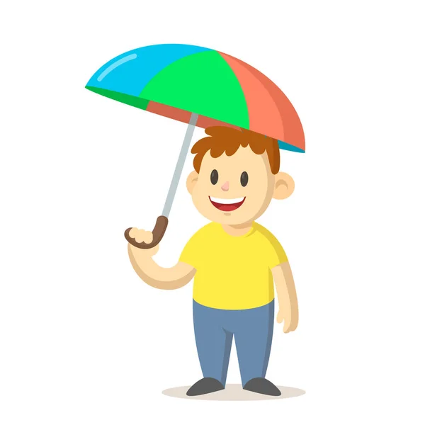 Happy smiling boy holding a colorful umbrella over his head, cartoon character design. Flat vector illustration, isolated on white background. — Stock Vector