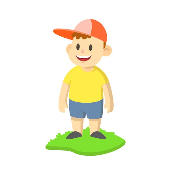 빨간 모자를 쓴 빛나는 소년 이 잔디 위에 서 있고, 만화 캐릭터 디자인이 있습니다. 흰색 바탕에 분리되어 있는 플랫 벡터 삽화. — 스톡 벡터