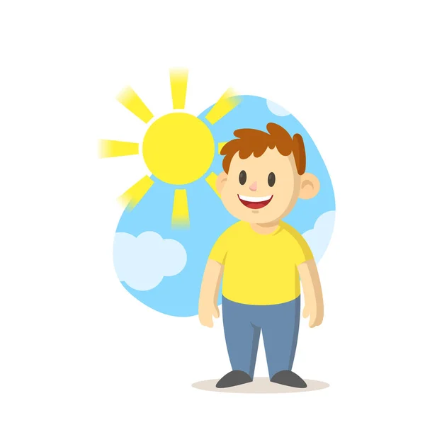 Garoto sorridente de pé sob o sol no verão, desenho de personagens de desenhos animados. Ilustração vetorial plana, isolada sobre fundo branco . — Vetor de Stock