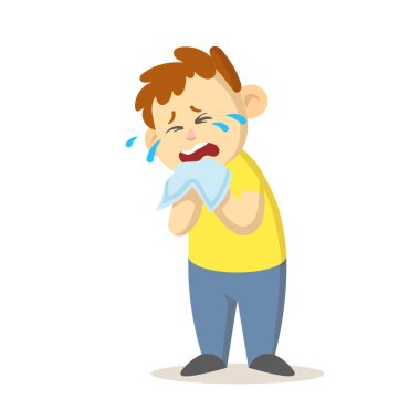 Mutsuz çocuk yüksek sesle ağlıyor ve çizgi film karakteri tasarımı olan bir mendille gözyaşlarını siliyor. Düz vektör çizimi, beyaz arkaplanda izole.