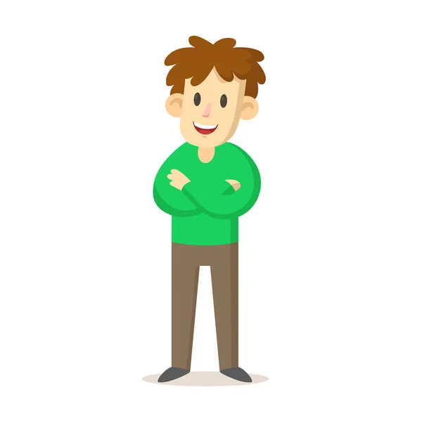 Lächelnder junger Mann in grünem Pullover mit verschränkten Armen, Zeichentrickfigur-Design. Flache Vektordarstellung, isoliert auf weißem Hintergrund. — Stockvektor