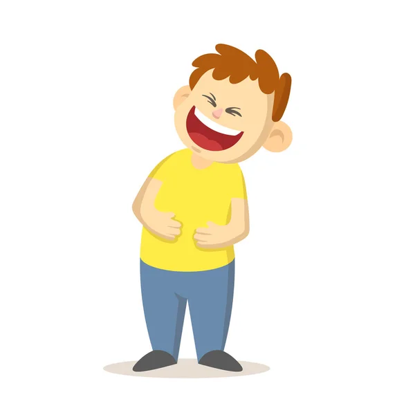 Ευτυχισμένο αγόρι να γελάει δυνατά με τα χέρια του κολλημένα στην κοιλιά του, σχεδιάζοντας χαρακτήρες κινουμένων σχεδίων. Επίπεδη διανυσματική απεικόνιση, απομονωμένη σε λευκό φόντο. — Διανυσματικό Αρχείο