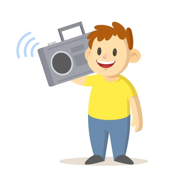 Garçon souriant debout un magnétophone dans son épaule, dessin animé personnage design. Illustration vectorielle plate, isolée sur fond blanc . — Image vectorielle