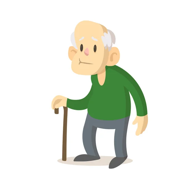 Pria tua bersweater hijau dengan tongkat berjalan, desain karakter kartun. Ilustrasi vektor datar, diisolasi pada latar belakang putih. - Stok Vektor