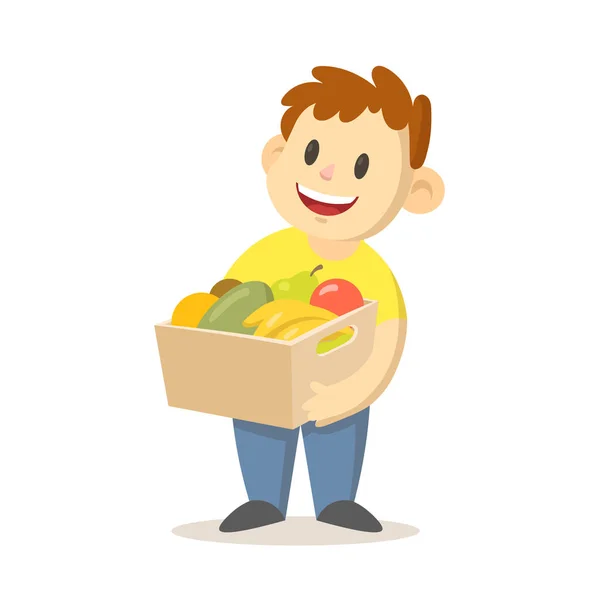 Niño sonriente sosteniendo una caja llena de frutas y verduras, diseño de personajes de dibujos animados. Ilustración vectorial plana, aislada sobre fondo blanco . — Vector de stock