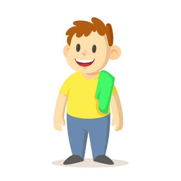 Niño sonriente con una toalla verde sobre su hombro, diseño de personajes de dibujos animados. Ilustración vectorial plana, aislada sobre fondo blanco . — Vector de stock