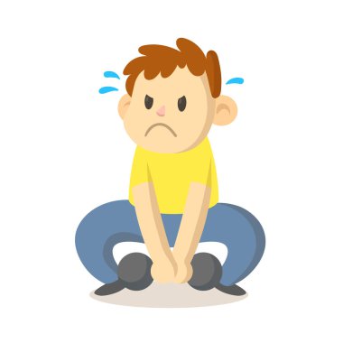 Dambılı kaldırmaya çalışan odaklanmış çocuk, çizgi film karakteri tasarımı. Düz vektör çizimi, beyaz arkaplanda izole.