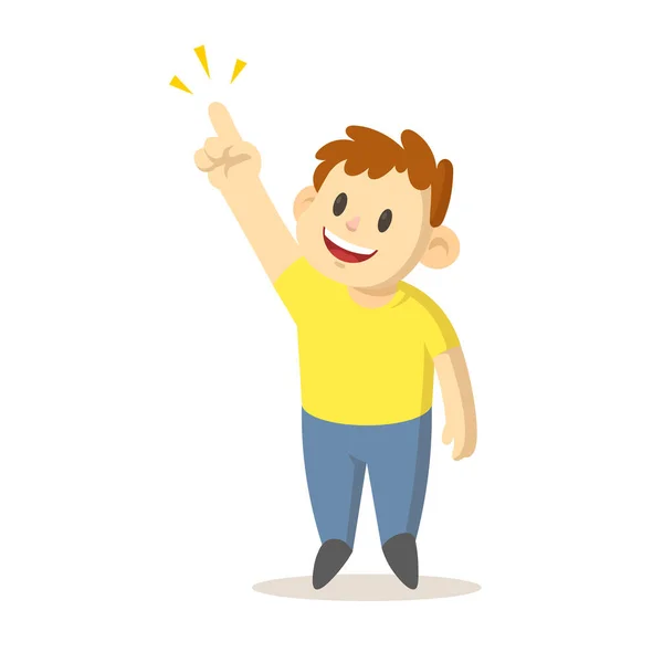 Ragazzo sorridente puntando il dito verso l'alto come mostrando qualcosa, disegno del personaggio dei cartoni animati. Illustrazione vettoriale piatta, isolata su sfondo bianco . — Vettoriale Stock