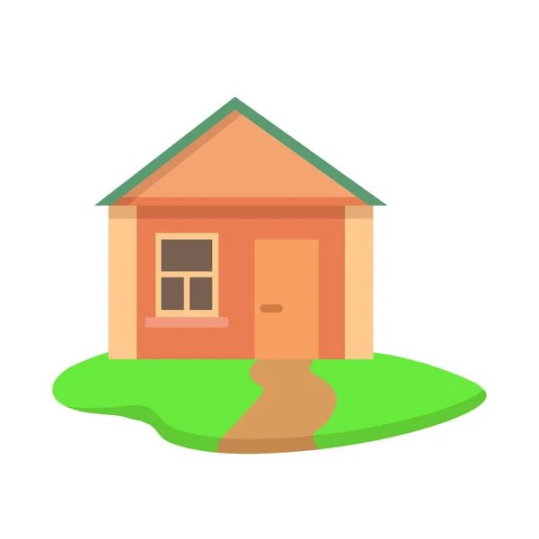 Cartoon huis op groen gras. Vlakke vector illustratie, geïsoleerd op witte achtergrond. — Stockvector