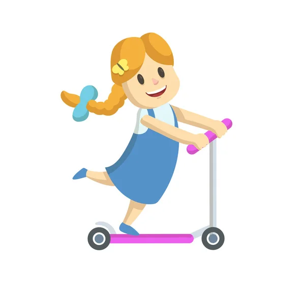 Linda niña sonriente en un vestido de montar patinete scooter al aire libre. Dibujos animados ilustración vectorial plana, aislado sobre fondo blanco . — Vector de stock