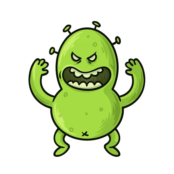 Zielone zarazki, wirus, postać z kreskówki z potworem bakterii. Ilustracja wektora płaskiego, izolowany na białym tle. — Wektor stockowy