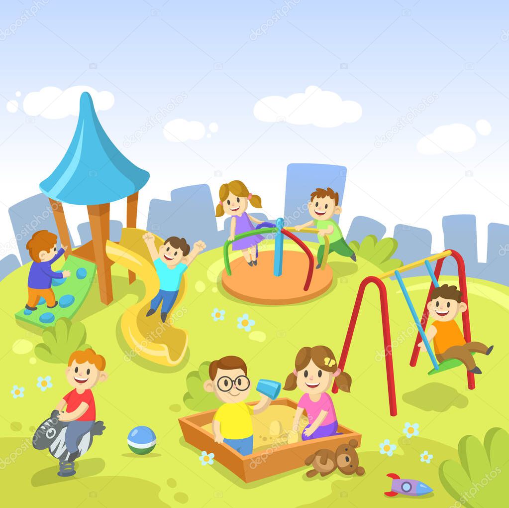 Happy kids playing in the park on cartoon cityscape with clouds in the sky. Cartoon flat vector illustration.