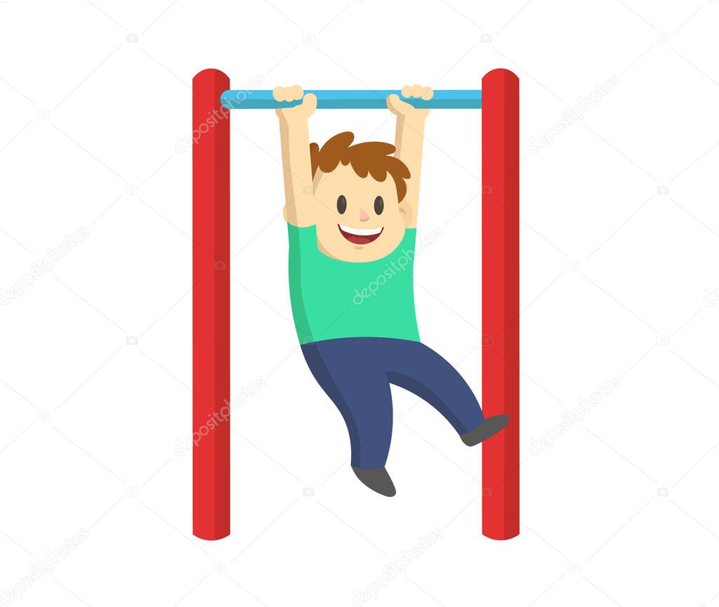 Boy swaying on horizontal bar. Pull up kid street workout, child fitness. Cartoon flat vector illustration, isolated on white background.