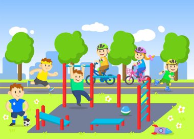 Mutlu çocuklar parkta egzersiz ve antrenman yapıyor. Çocukluk ve spor aktiviteleri. Çizgi film düz vektör çizimi.