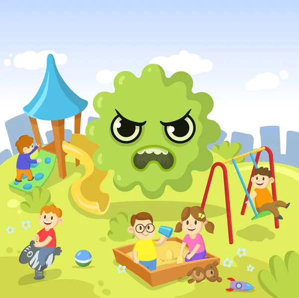 Πράσινος ιός κινουμένων σχεδίων επιπλέουν πάνω από την παιδική χαρά γεμάτη από παιδιά. Μείνε σπίτι. Ncov, covid 2019, πανδημία του coronavirus. Κινούμενα σχέδια επίπεδη διανυσματική απεικόνιση. — Διανυσματικό Αρχείο