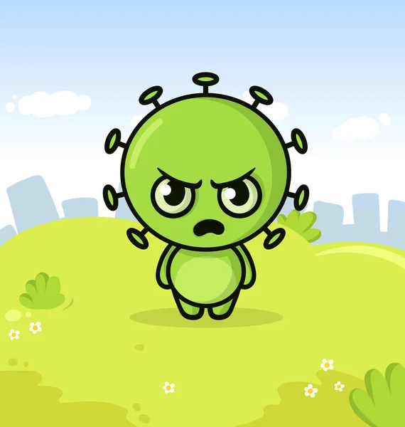 Roligt grönt virus tecknad monster på sommaren stad bakgrund. Färgglada platt vektor illustration. — Stock vektor