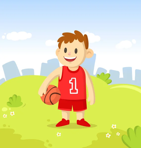 Jeune joueur de basket tenant un ballon. Caractère de bande dessinée debout dans le parc de la ville. Sport et fitness. Illustration plate vectorielle de bande dessinée . — Image vectorielle