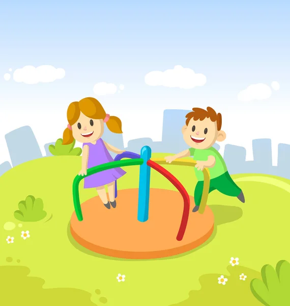 Menina e menino passeio em pequeno carrossel no parque de recreação na cidade e céu azul backgroun. Jogos infantis no parque de diversões. Personagens engraçados de desenhos animados. Desenhos animados vetor plana ilustração . —  Vetores de Stock