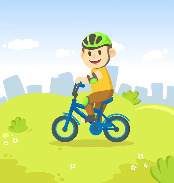 Smiling boy riding a bicycle in the city park. Sport and fitness. Cartoon vector flat illustration. — Stock Vector