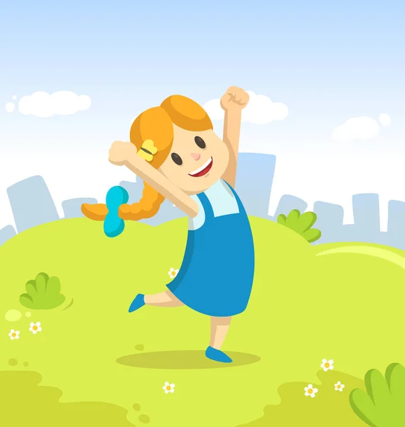 Счастливая девочка прыгает от радости в парке на фоне синего неба. Смешной мультяшный персонаж. Мультипликационная векторная плоская иллюстрация . — стоковый вектор