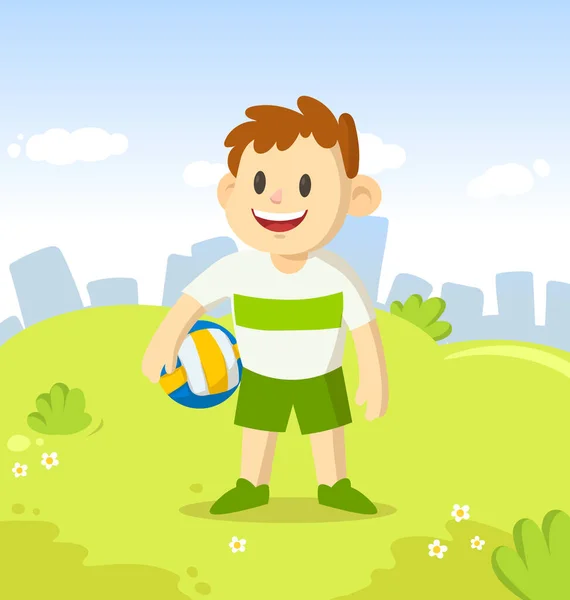 Щасливий усміхнений хлопчик тримає волейбол. Мультиплікаційний персонаж стоїть у міському парку. Спорт і фітнес. Мультфільм Векторні плоскі ілюстрації . — стоковий вектор