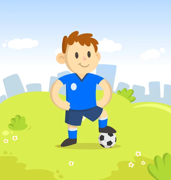 Sonriente joven jugador de fútbol con su pie en el fútbol. Personaje de dibujos animados parado en el parque de la ciudad. Deporte y fitness. Dibujos animados vector ilustración plana . — Archivo Imágenes Vectoriales