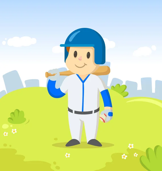 Junge Baseballspielerfigur steht im Stadtpark. Sport und Fitness. Cartoon-Vektor flache Illustration. — Stockvektor