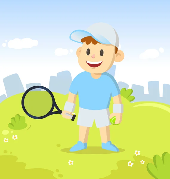 Fiatal teniszező egy ütő karakter áll a városi parkban. Sport és fitness. Rajzfilm vektor lapos illusztráció. — Stock Vector