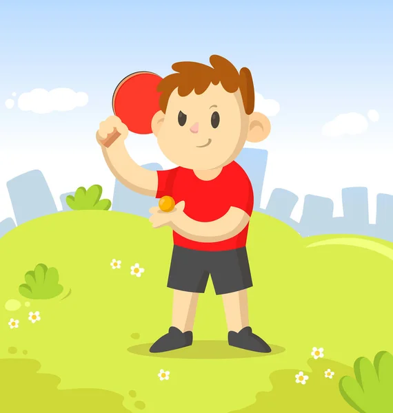 Fiatal asztalitenisz játékos egy ütő karakter áll a városi parkban. Sport és fitness. Rajzfilm vektor lapos illusztráció. — Stock Vector