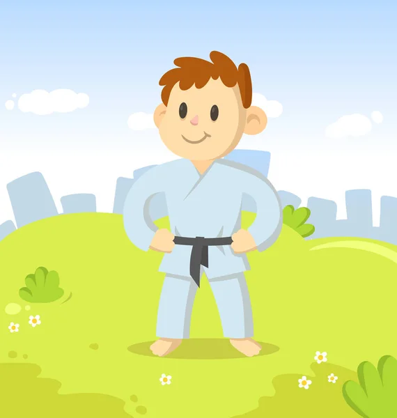 A srác karate kimonóban áll a városi parkban. Sport és fitness. Rajzfilm vektor lapos illusztráció. — Stock Vector