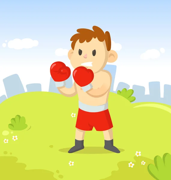 Boxer fiú bokszkesztyűben áll a városi parkban. Sport és fitness. Rajzfilm vektor lapos illusztráció. — Stock Vector