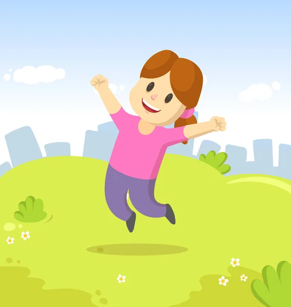 Glad flicka hoppar för glädje i parken på staden och blå himmel bakgrund. Rolig tecknad karaktär. Tecknad vektor platt illustration. — Stock vektor