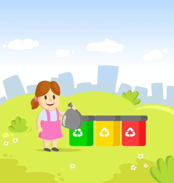 Nettes kleines Mädchen mit einer Plastiktüte, die in der Nähe von Containern mit verschiedenen Arten von Recyclingabfällen steht. Mülltrennung, Sortierkonzept. Zeichentrickvektorillustration. lizenzfreie Stockvektoren