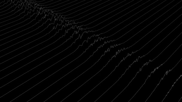 Lignes blanches formant une visualisation de champ déformée sur fond noir. Animation 3D abstraite, vue isométrique. rendu 3D. — Video