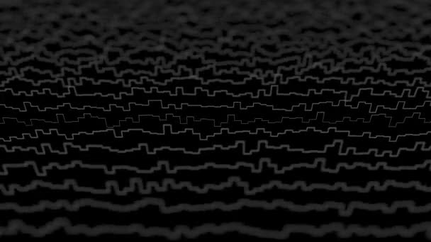 Lignes blanches formant une visualisation de champ déformée sur fond noir. Boucle d'animation 3D 3D abstraite, vue de côté, effet de profondeur de champ . — Video