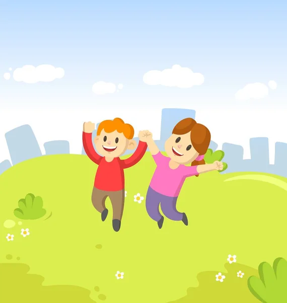 Happy cartoon jovem menino e menina crianças saltando de alegria com as mãos no ar na cidade e azul céu fundo . — Vetor de Stock