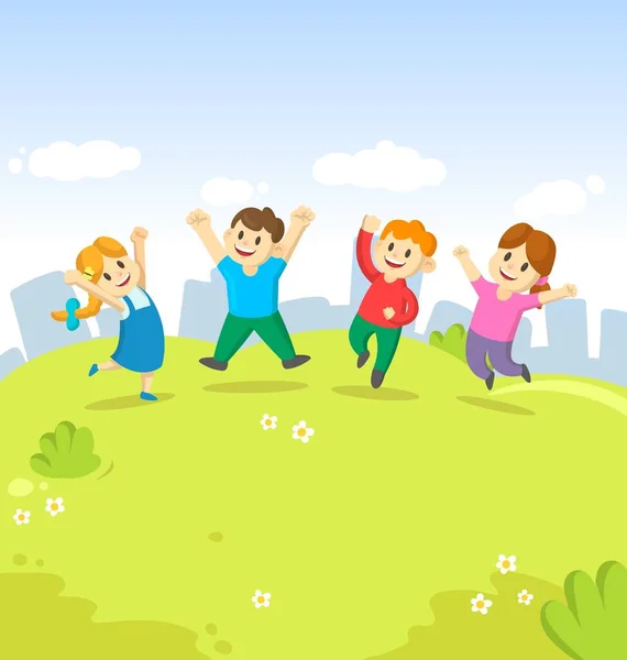 Leuke kinderen springen van vreugde samen op het gras op de achtergrond van de stad. Cartoon vector illustratie. — Stockvector