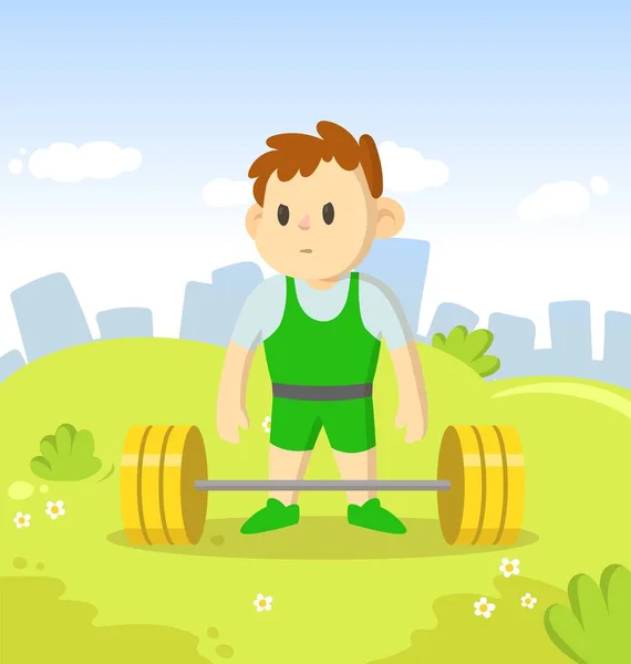 Персонаж тяжелоатлета мультяшного мальчика. Спорт и фитнес. Мультипликационная векторная плоская иллюстрация . — стоковый вектор