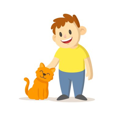 Tatlı gülümseyen çocuk ve onun sevimli kırmızı kediciği. Düz vektör çizimi, beyaz arkaplanda izole.